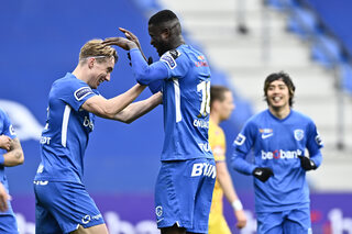 Genk's Kristian Thorstvedt and Genk's Paul Onuachu celebrate after scoring during a soccer match between KRC Genk and Sint-Truidense VV, Sunday 11 April 2021 in Genk, on day 33 of the 'Jupiler Pro Lea