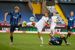 Club's Charles De Ketelaere, Genk's Patrik Hrosovsky and Club's Mats Rits fight for the ball during a soccer match between Club Brugge KV and KRC Genk, Sunday 23 May 2021 in Brugge, on the sixth and l