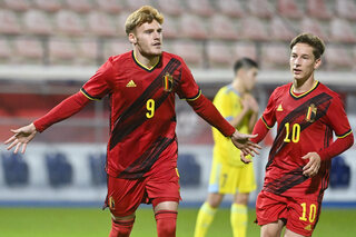 Belgium's Yorbe Vertessen celebrates after scoring during a soccer game between the U21 Red Devils and Kazakhstan, Friday 08 October 2021 in Leuven, the third qualification match (out of 8) in group 9