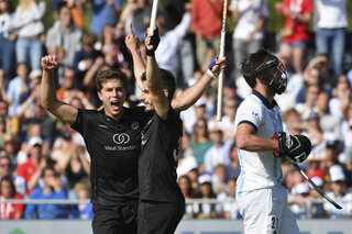 Racing's Tanguy Cosyns celebrates after scoring during a hockey game between Royal Racing Club and Gantoise,