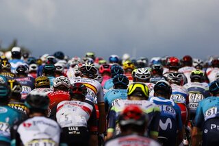Een blik op de rug van het peloton in de Tour de France