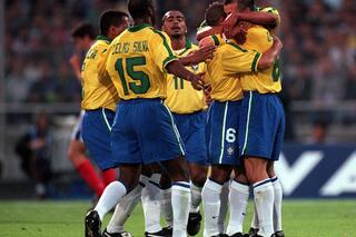 France v Brazil, 3/6/97, Tournoi de France, Lyon Pic : Stuart Franklin / Action Images Roberto Carlos is congratulated after scoring his wonder free kick