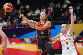 Belgian Cats Julie Allemand and Belarus' Volha Ziuzkova fight for the ball during the Third Place Game between Belarus and Belgium's national women's basketball team The Belgian Cats, in Valencia, Spa