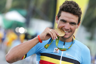 Belgium gold medal winner, olympic champion, Greg Van Avermaet celebrates with his medal on the podium of the men's road race cycling event at the 2016 Olympic Games in Rio de Janeiro, Brazil, Saturda